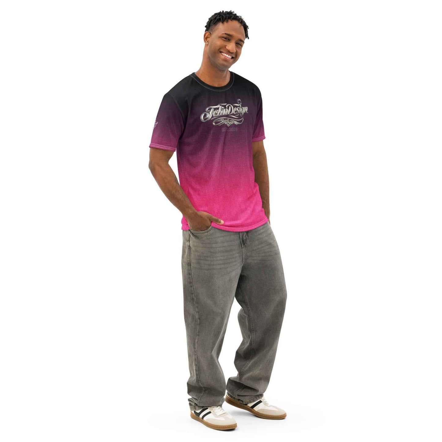 Men’s cotton crew neck t-shirt Unisex black/Fuchsia