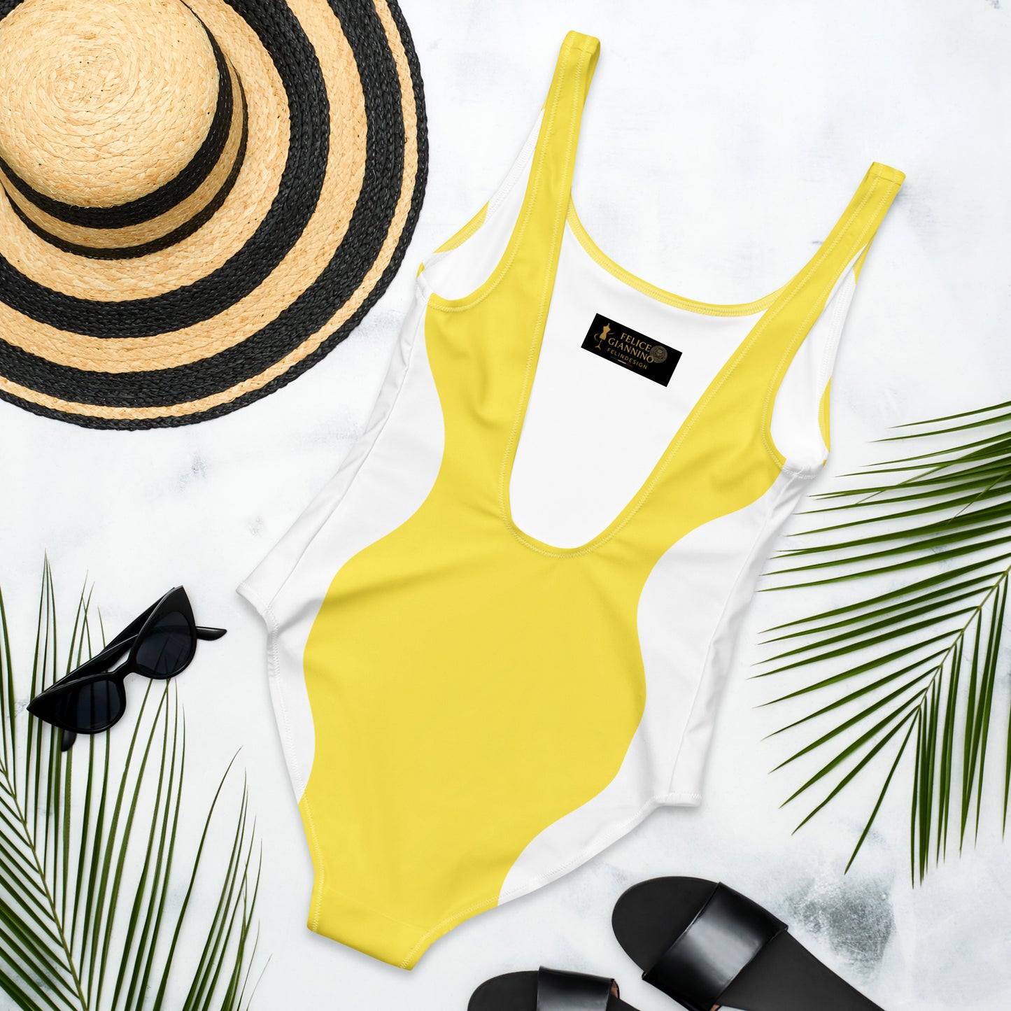 Sinuous Geometry One-Piece Swimsuit – Yellow & White Shaping Design - FelinDesign