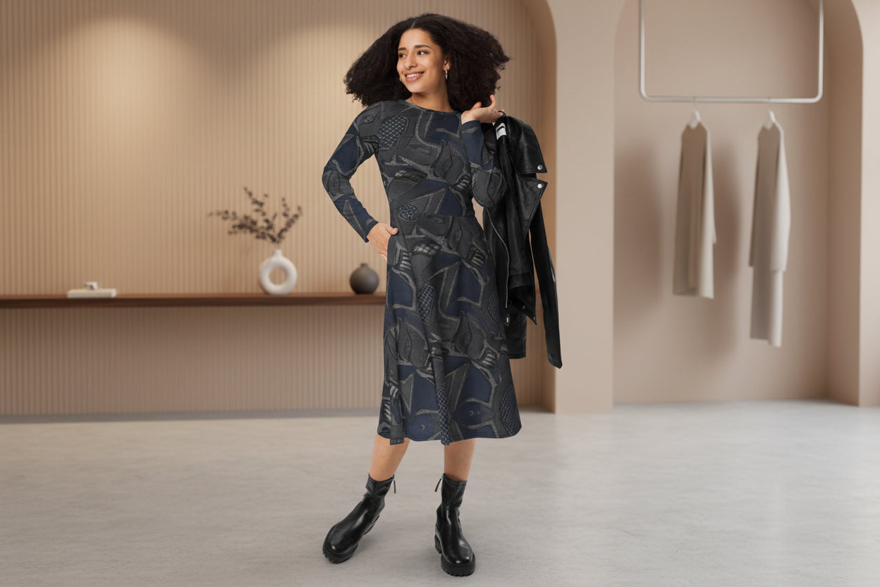 All-over print long sleeve midi dress - FelinDesign