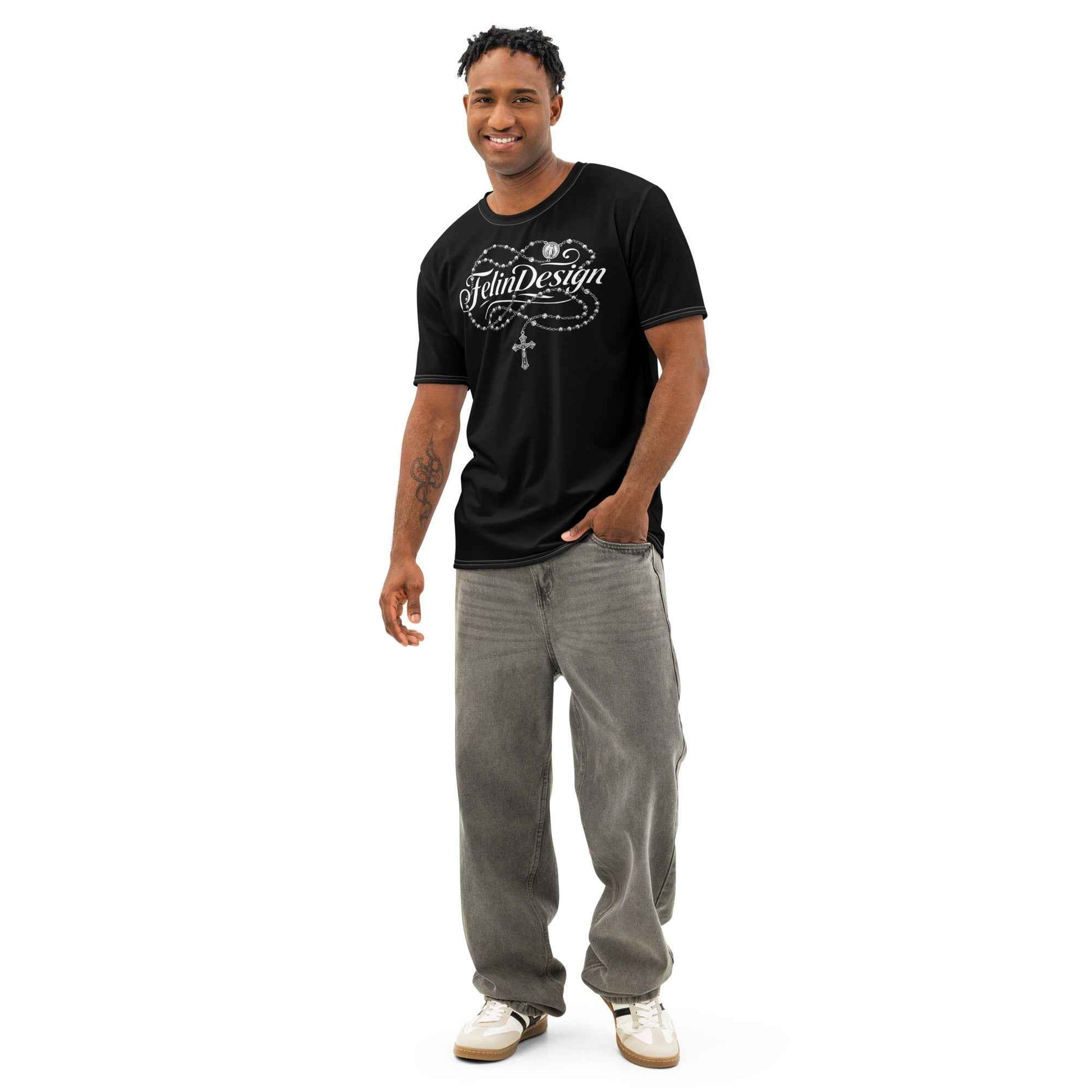 FelinDesign Sacred Apparel rosary White Men's Cotton Crew Neck T-Shirt