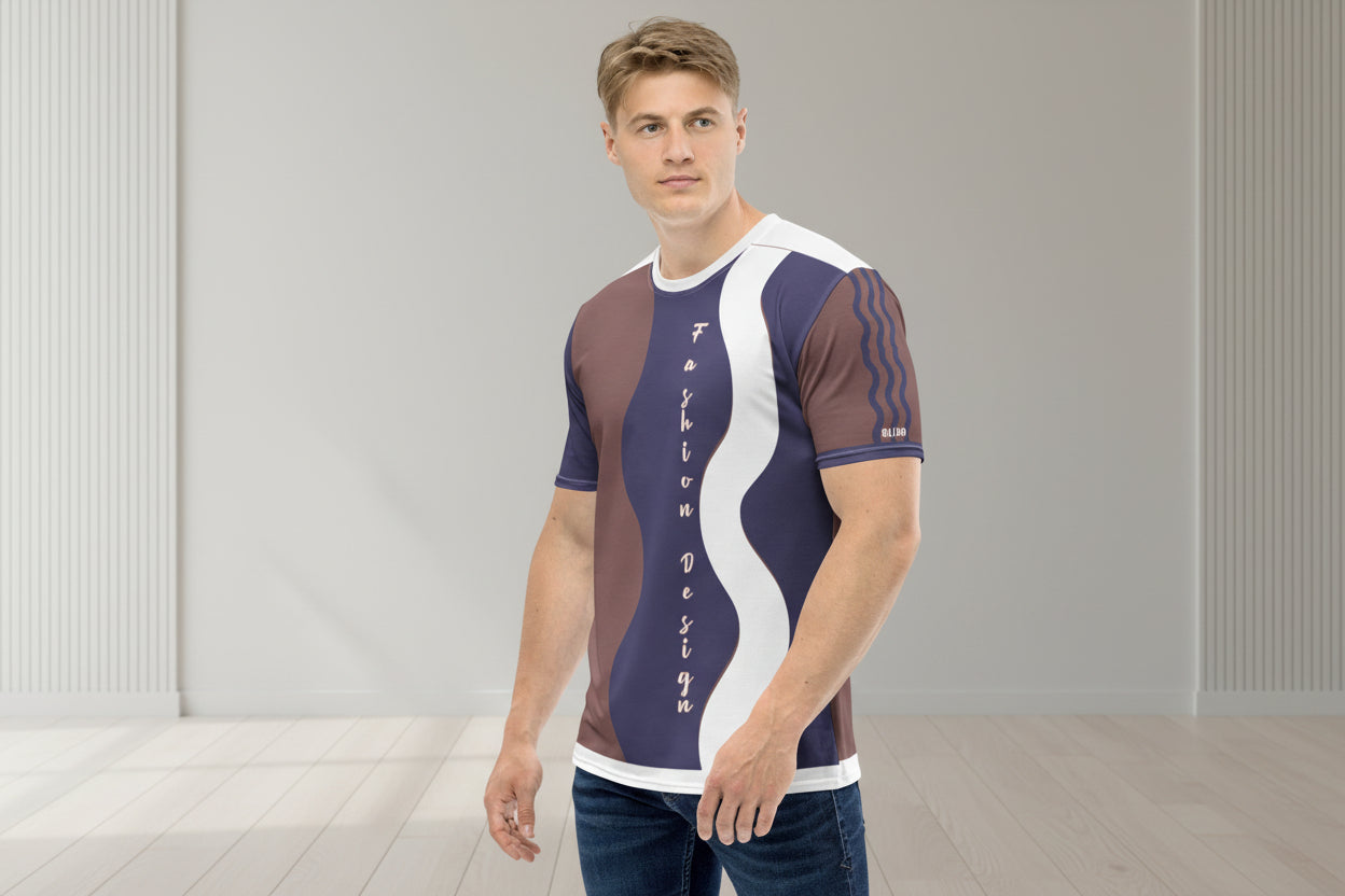 FelinDesign 50 Collection Men's Elegant Blue and Brown T-Shirt, Casual Men's Italian Fashion T-Shirt, Comfort Fit - FelinDesign