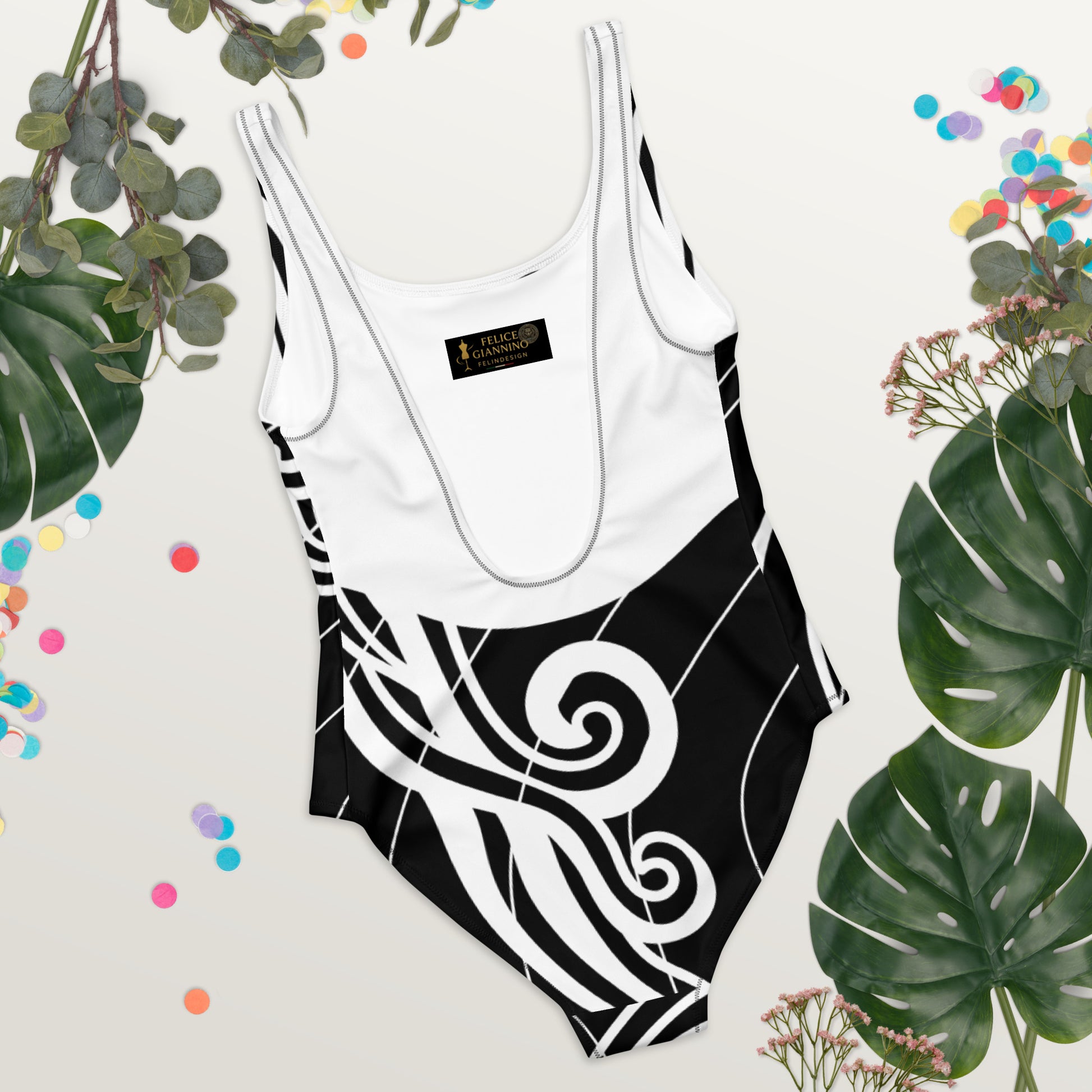 Luxury Women's Black and White One-Piece Swimsuit with Tribal Motifs – Bold Design by Felice Gianninio 2026 - FelinDesign