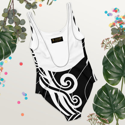 Luxury Women's Black and White One-Piece Swimsuit with Tribal Motifs – Bold Design by Felice Gianninio 2026 - FelinDesign