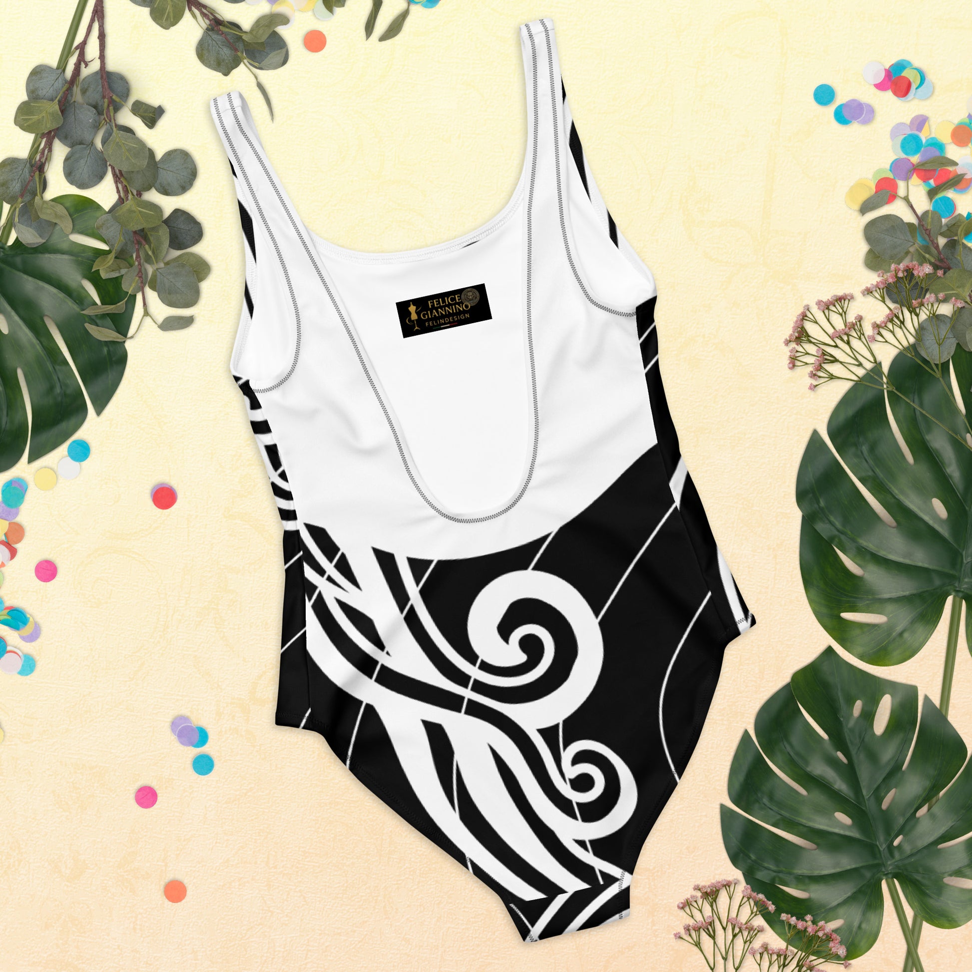 Luxury Women's Black and White One-Piece Swimsuit with Tribal Motifs – Bold Design by Felice Gianninio 2026 - FelinDesign