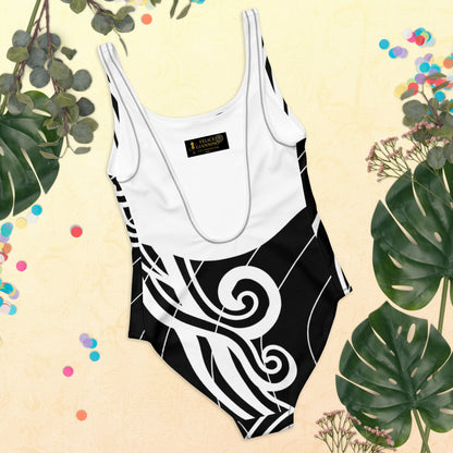 Luxury Women's Black and White One-Piece Swimsuit with Tribal Motifs – Bold Design by Felice Gianninio 2026 - FelinDesign