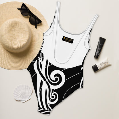 Luxury Women's Black and White One-Piece Swimsuit with Tribal Motifs – Bold Design by Felice Gianninio 2026 - FelinDesign