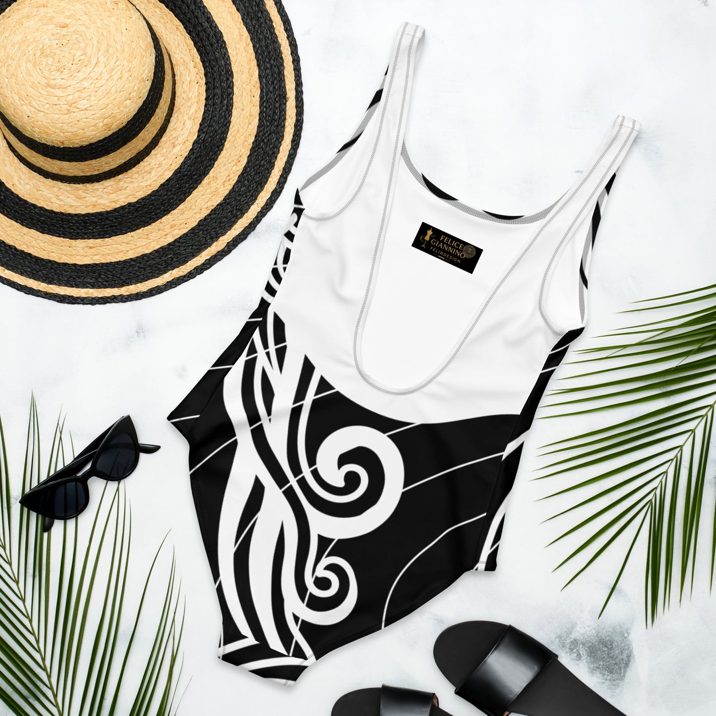Luxury Women's Black and White One-Piece Swimsuit with Tribal Motifs – Bold Design by Felice Gianninio 2026 - FelinDesign