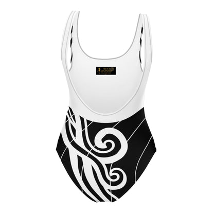 Luxury Women's Black and White One-Piece Swimsuit with Tribal Motifs – Bold Design by Felice Gianninio 2026 - FelinDesign