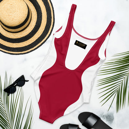 Sinuous Geometry One-Piece Swimsuit – Red & White Shaping Design - FelinDesign