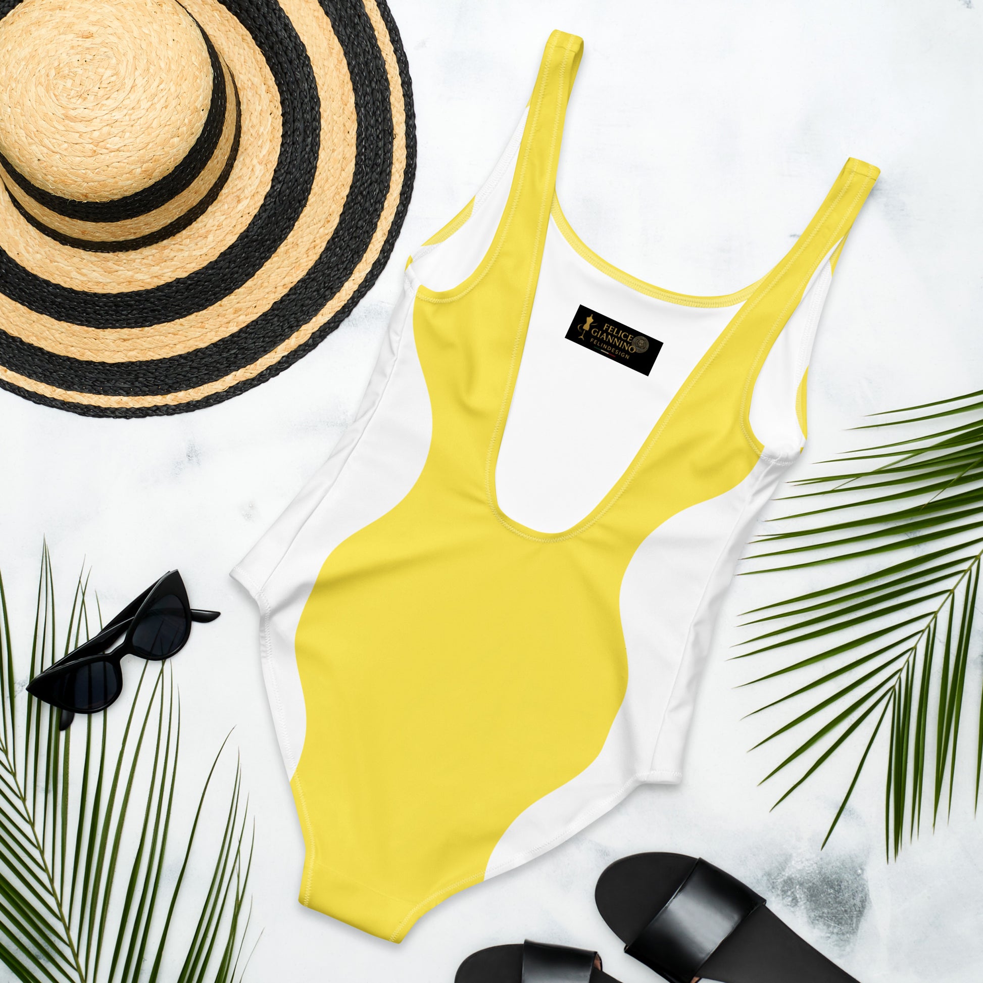 Sinuous Geometry One-Piece Swimsuit – Yellow & White Shaping Design - FelinDesign