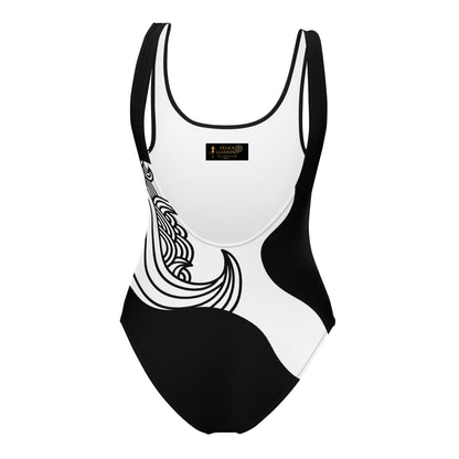 Luxury Black and White One-Piece Swimsuit with Japanese Style Wave Print - FelinDesign