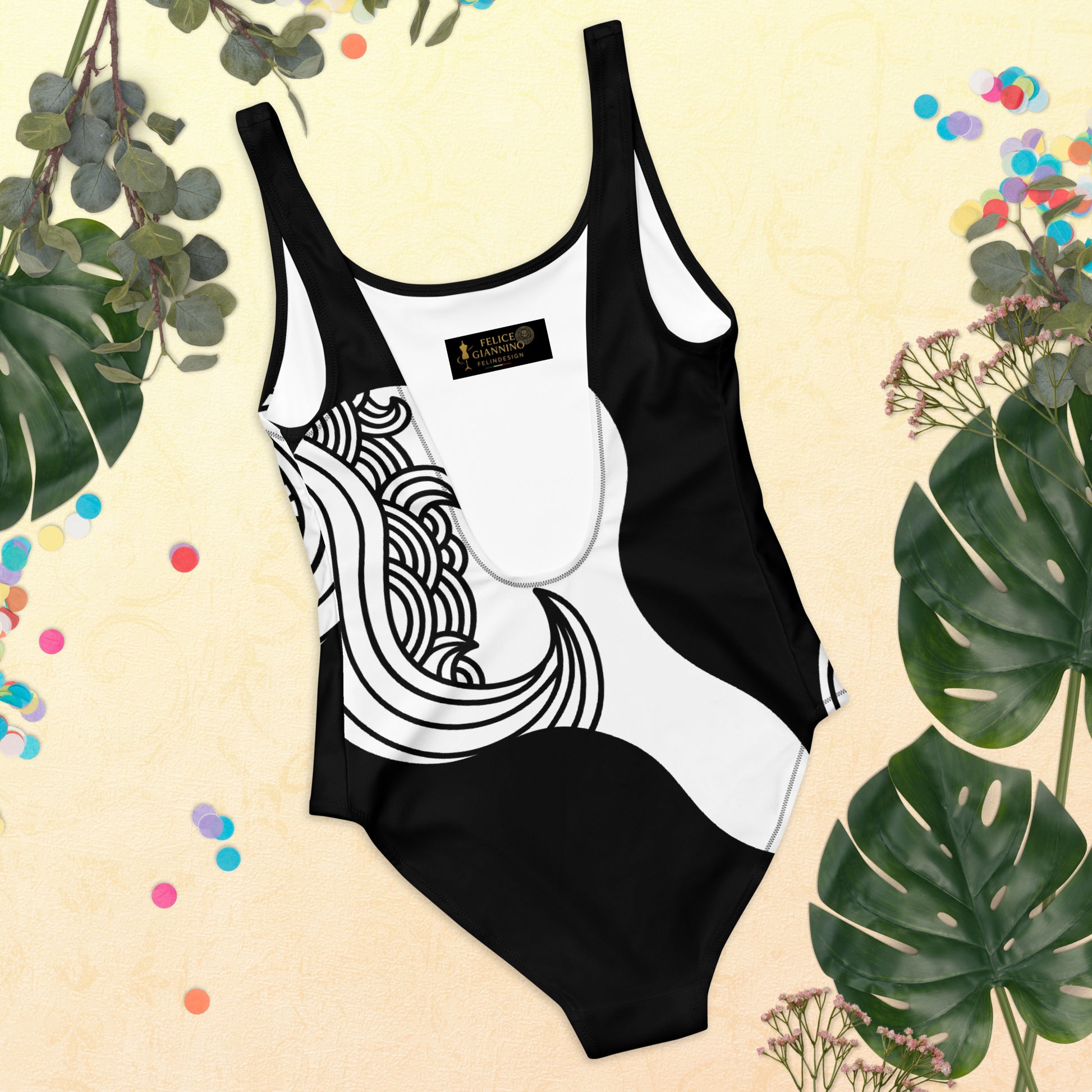 Luxury Black and White One-Piece Swimsuit with Japanese Style Wave Print - FelinDesign