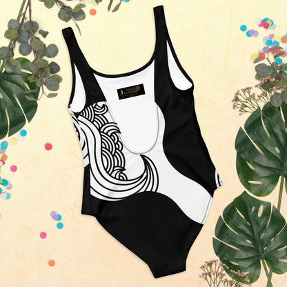 Luxury Black and White One-Piece Swimsuit with Japanese Style Wave Print - FelinDesign