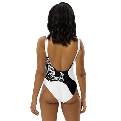 Luxury Black and White One-Piece Swimsuit with Japanese Style Wave Print - FelinDesign