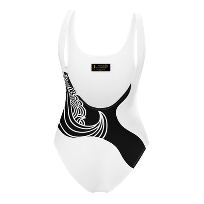Luxury Black and White One-Piece Swimsuit with Japanese Style Wave Print - FelinDesign