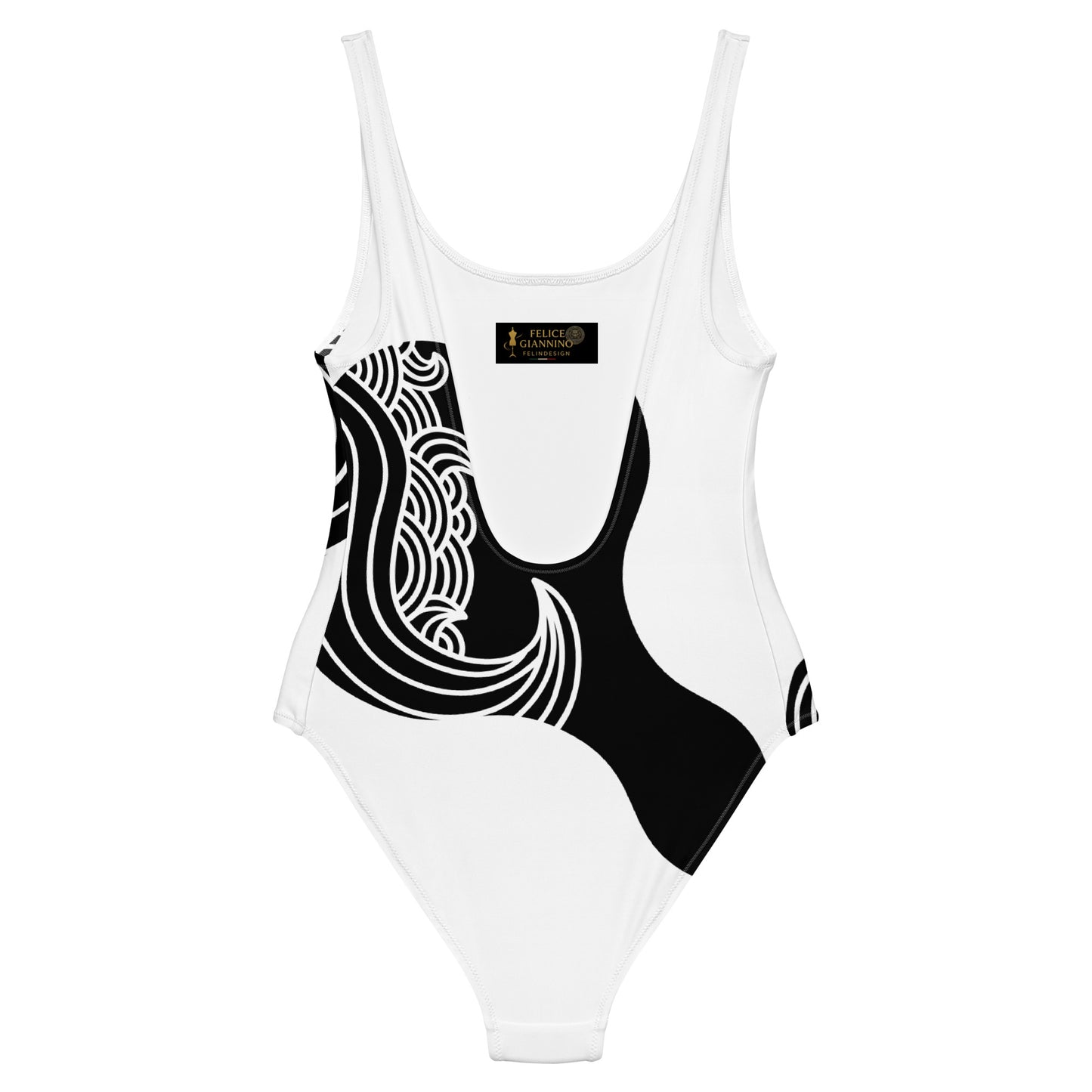 Luxury Black and White One-Piece Swimsuit with Japanese Style Wave Print - FelinDesign