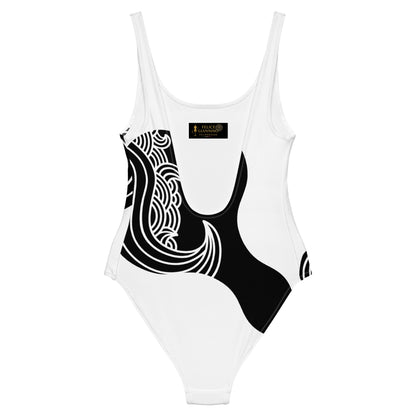 Luxury Black and White One-Piece Swimsuit with Japanese Style Wave Print - FelinDesign