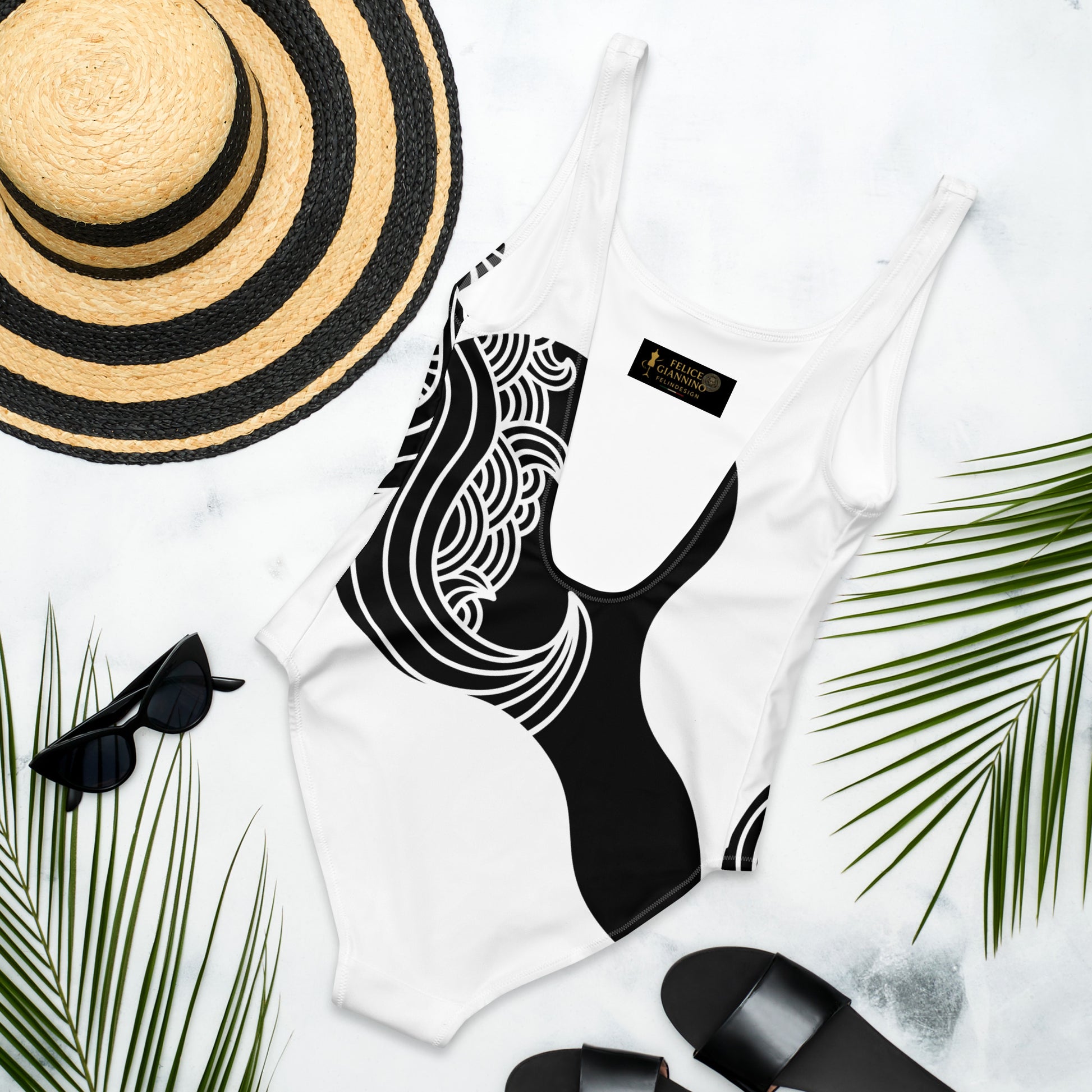 Luxury Black and White One-Piece Swimsuit with Japanese Style Wave Print - FelinDesign