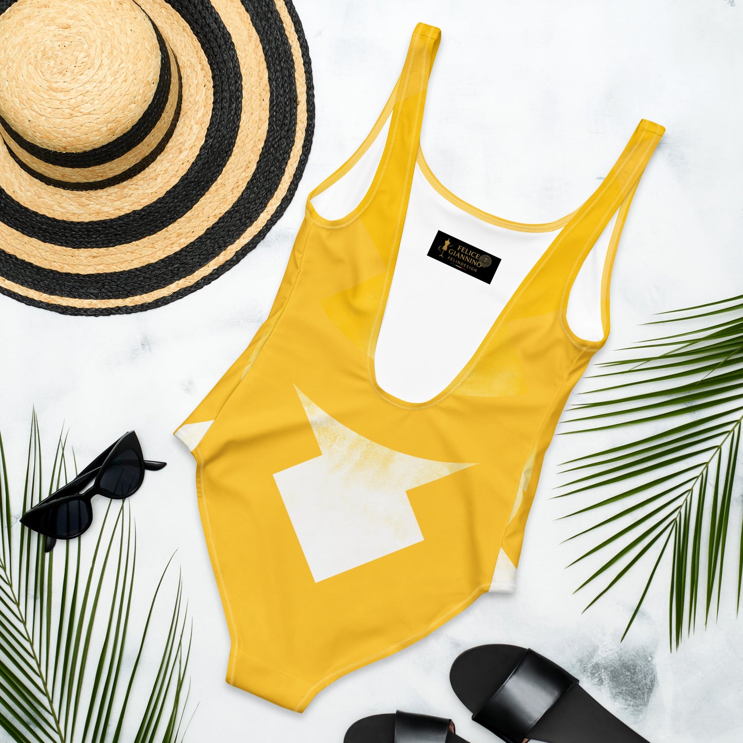 Women's One-Piece Swimsuit Yellow White FelinDesign - Elegant Eco-Sustainable Chlorine Resistant - FelinDesign