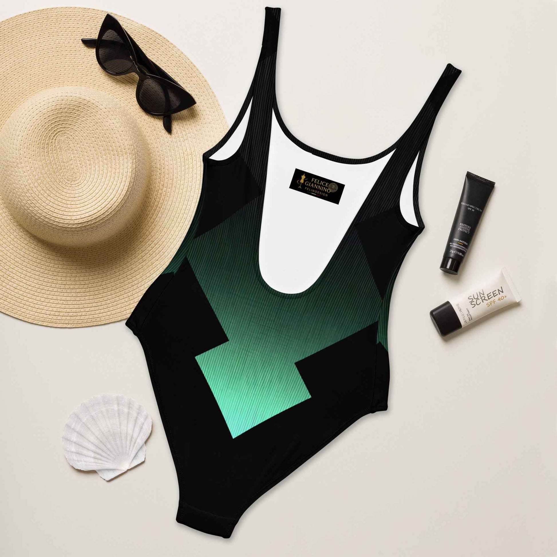 Women's One-Piece Swimsuit Black/Pastel Green FelinDesign - Elegant Eco-Sustainable Chlorine Resistant
