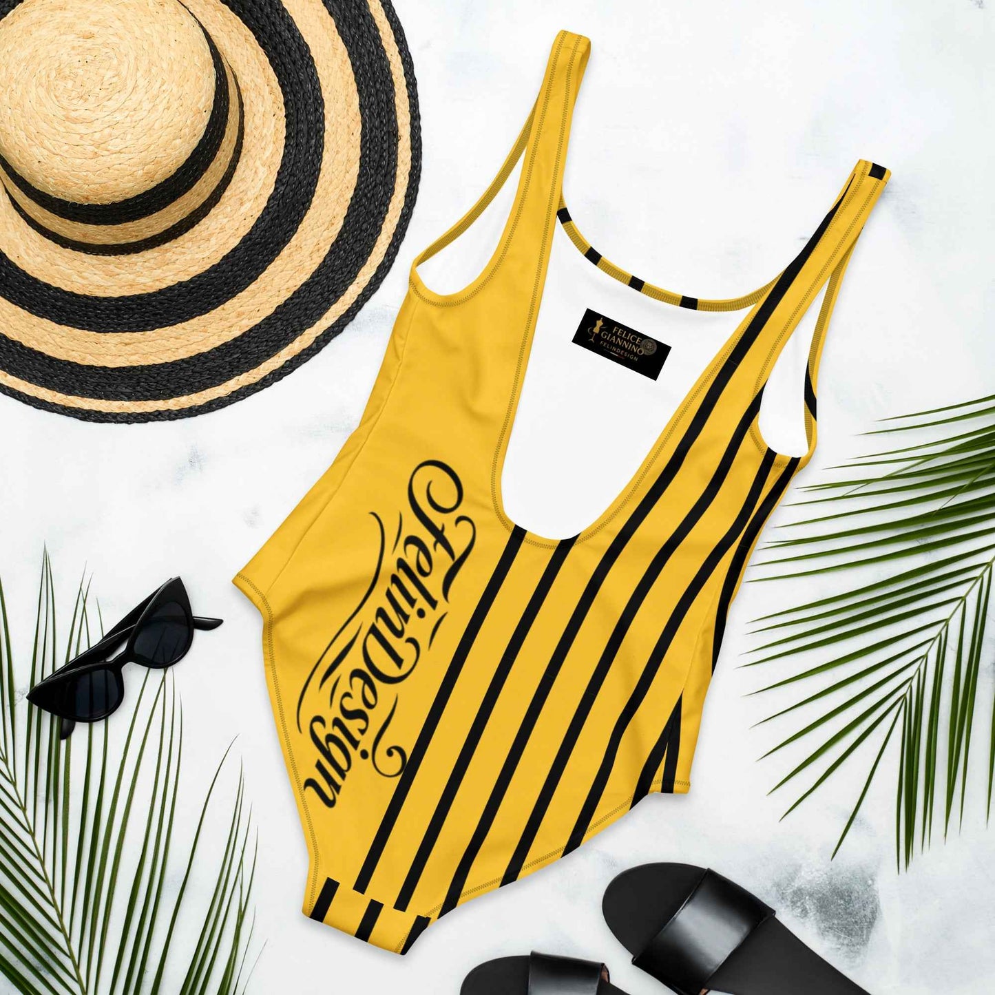 FelinDesign One Piece Swimsuit 2026 Elegant Yellow and black Swimwear for Pool & Beach Women’s Stylish Bathing Suit