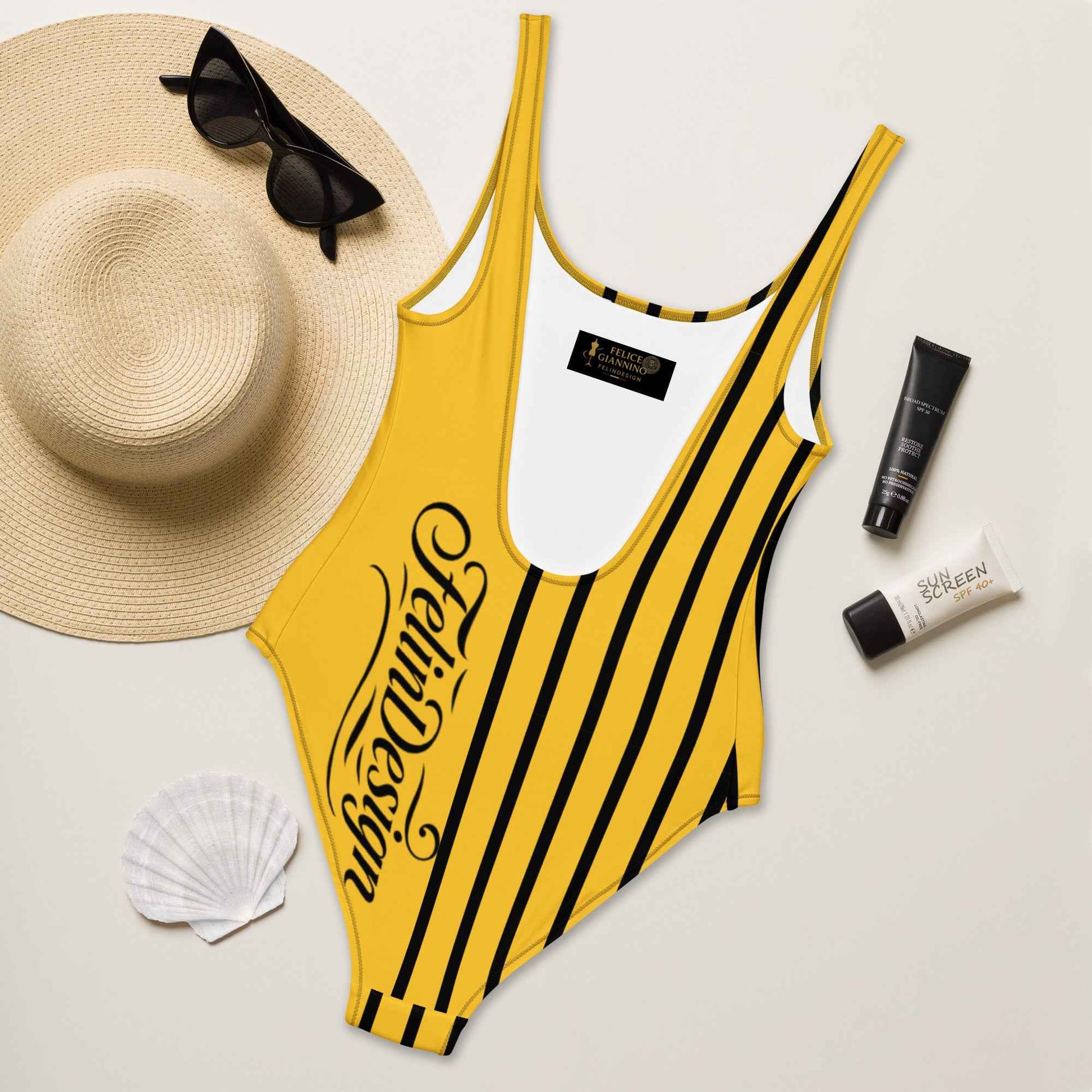 FelinDesign One Piece Swimsuit 2026 Elegant Yellow and black Swimwear for Pool & Beach Women’s Stylish Bathing Suit