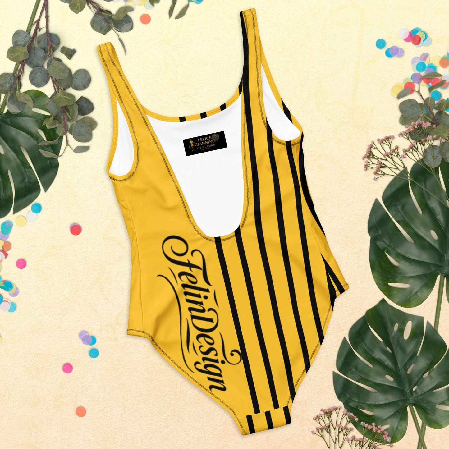 FelinDesign One Piece Swimsuit 2026 Elegant Yellow and black Swimwear for Pool & Beach Women’s Stylish Bathing Suit