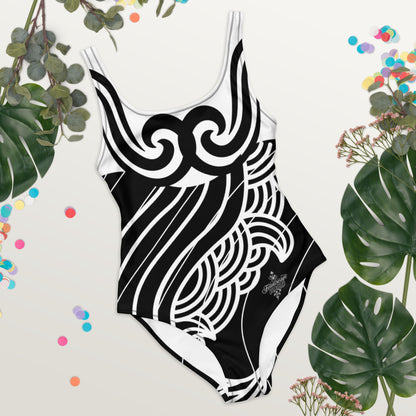 Luxury Women's Black and White One-Piece Swimsuit with Tribal Motifs – Bold Design by Felice Gianninio 2026 - FelinDesign