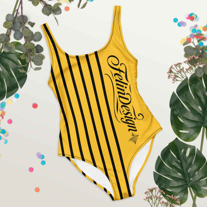 FelinDesign One Piece Swimsuit 2026 Elegant Yellow and black Swimwear for Pool & Beach Women’s Stylish Bathing Suit