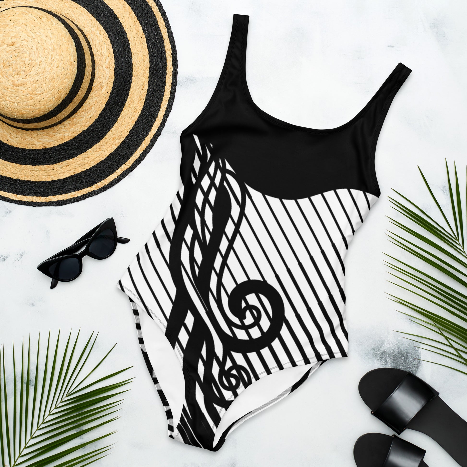 Luxury Elegant Black and White One-Piece Swimsuit for Women - Sculpting Geometric Design | Felin Design 2026 - FelinDesign
