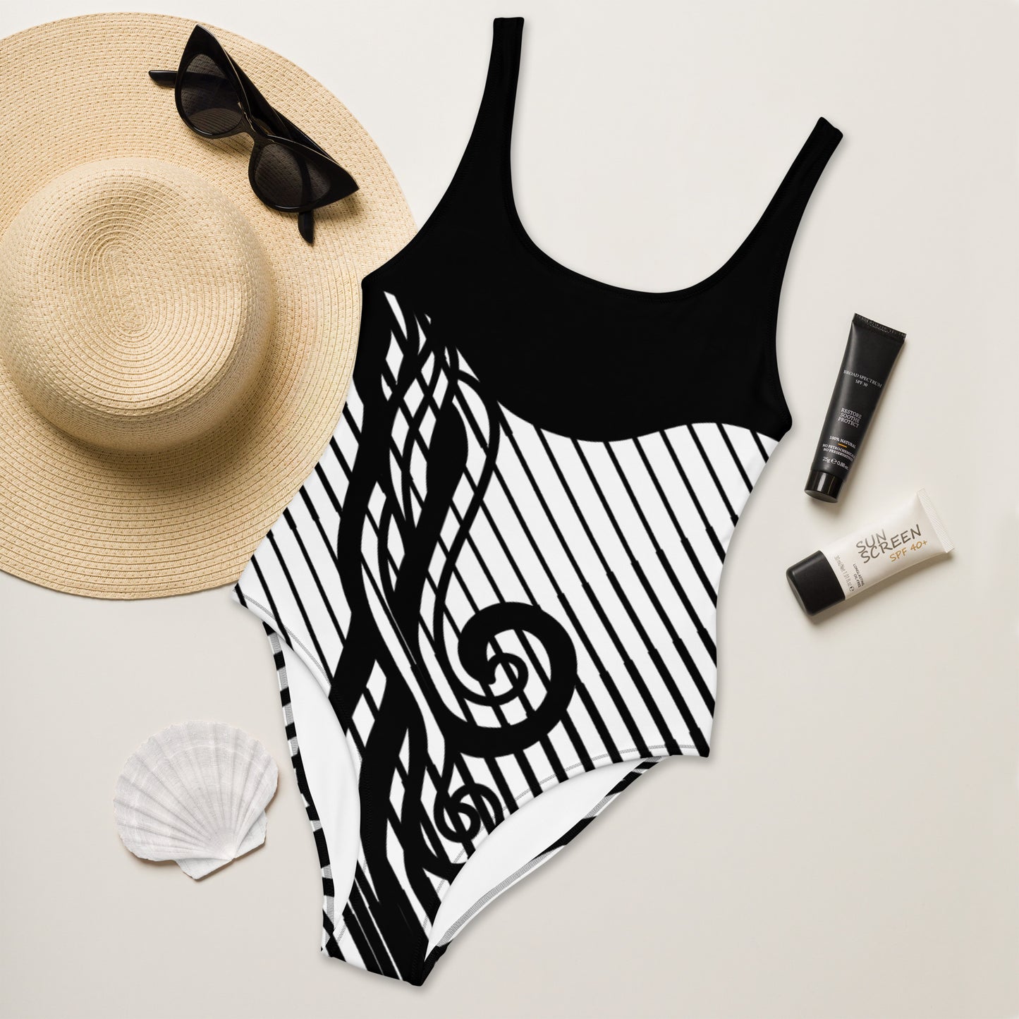 Luxury Elegant Black and White One-Piece Swimsuit for Women - Sculpting Geometric Design | Felin Design 2026 - FelinDesign