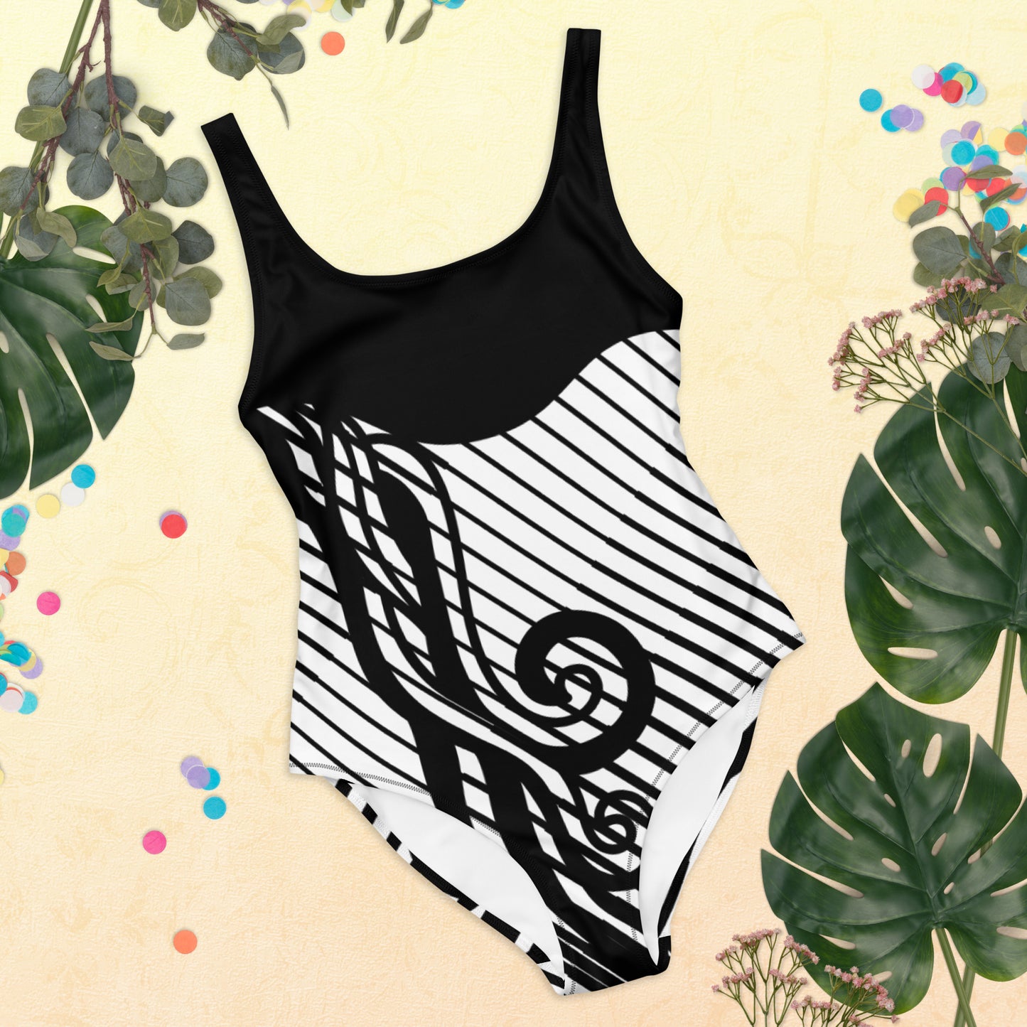 Luxury Elegant Black and White One-Piece Swimsuit for Women - Sculpting Geometric Design | Felin Design 2026 - FelinDesign