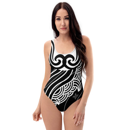 Luxury Women's Black and White One-Piece Swimsuit with Tribal Motifs – Bold Design by Felice Gianninio 2026 - FelinDesign