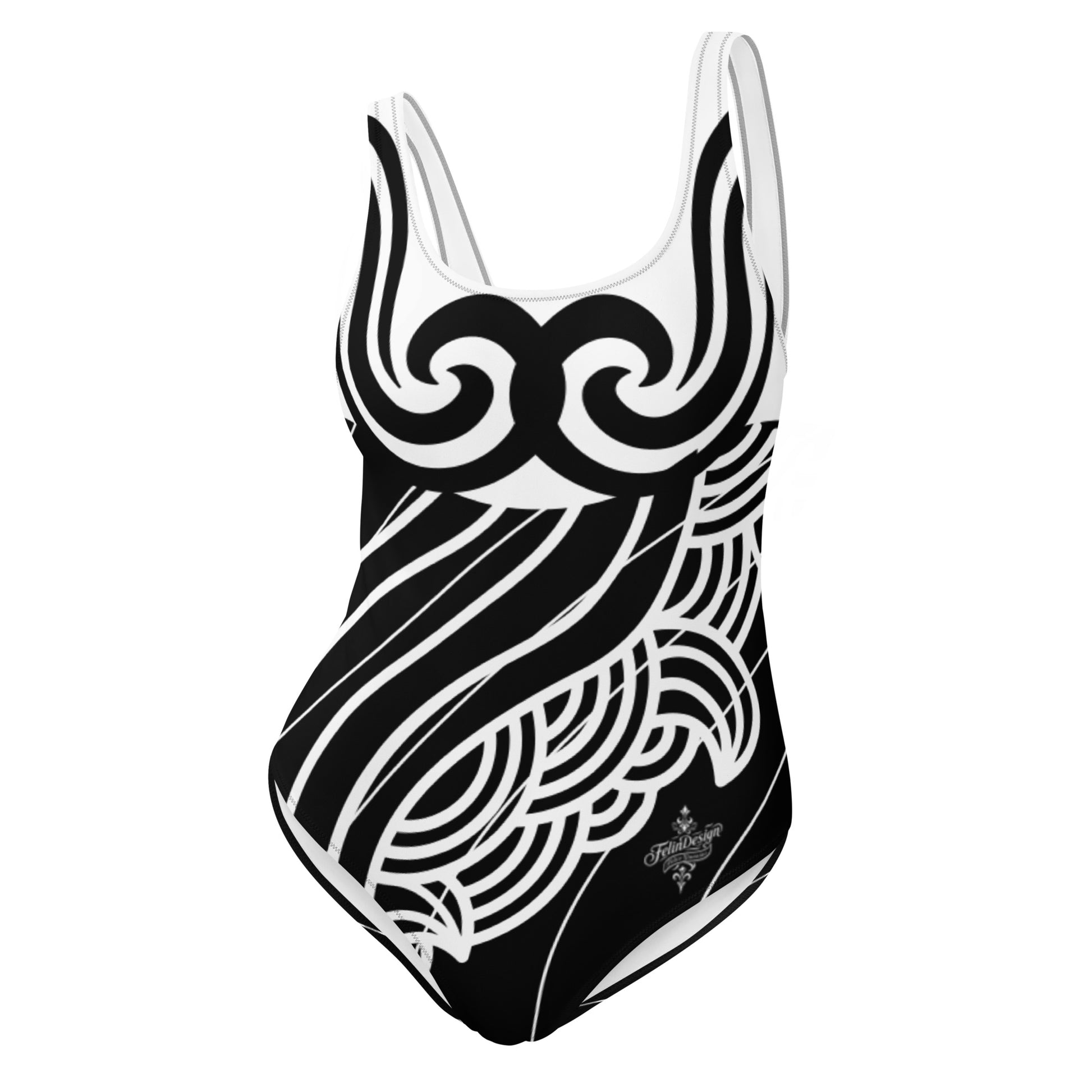 Luxury Women's Black and White One-Piece Swimsuit with Tribal Motifs – Bold Design by Felice Gianninio 2026 - FelinDesign