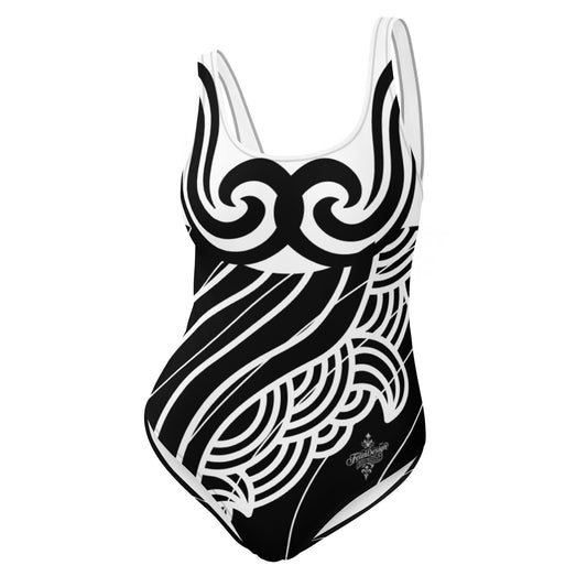 Luxury Women's Black and White One-Piece Swimsuit with Tribal Motifs – Bold Design by Felice Gianninio 2026 - FelinDesign