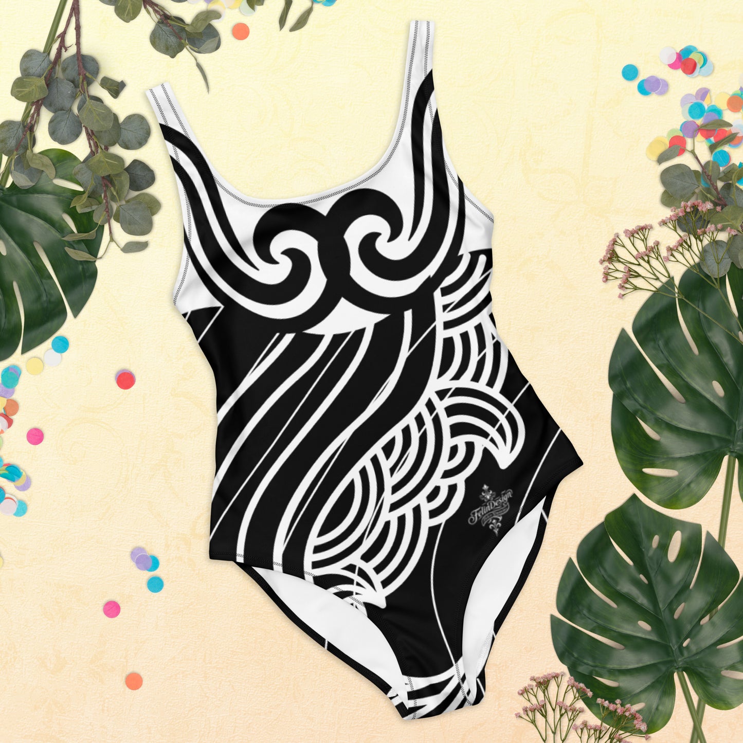 Luxury Women's Black and White One-Piece Swimsuit with Tribal Motifs – Bold Design by Felice Gianninio 2026 - FelinDesign