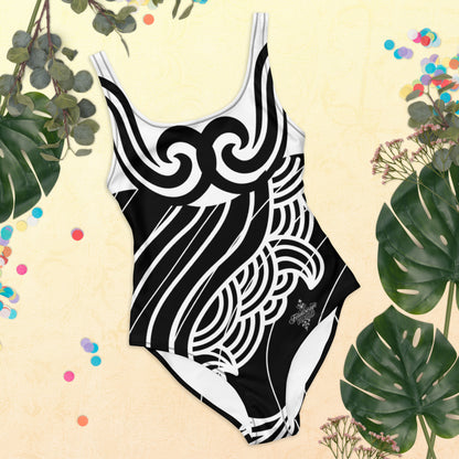 Luxury Women's Black and White One-Piece Swimsuit with Tribal Motifs – Bold Design by Felice Gianninio 2026 - FelinDesign