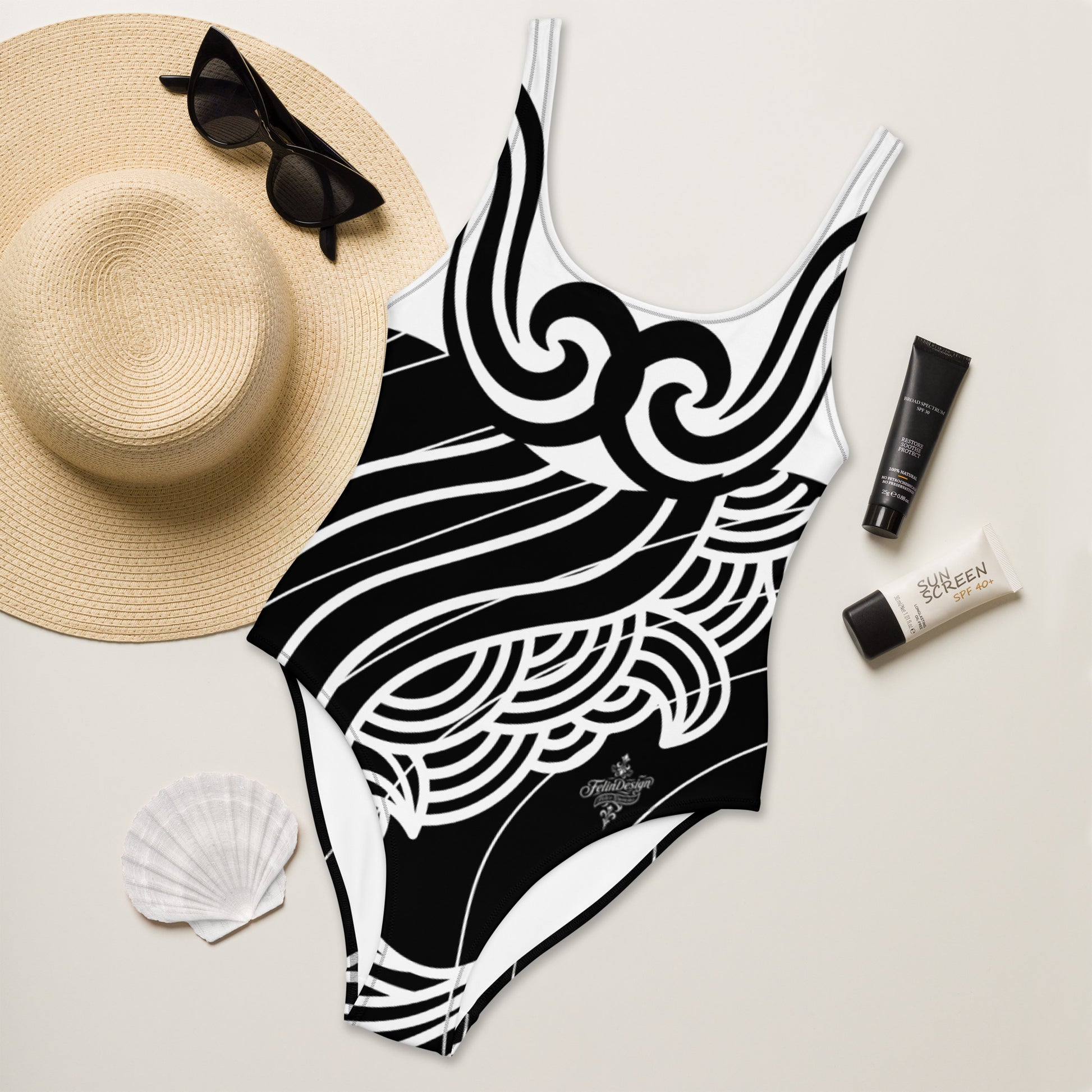 Luxury Women's Black and White One-Piece Swimsuit with Tribal Motifs – Bold Design by Felice Gianninio 2026 - FelinDesign