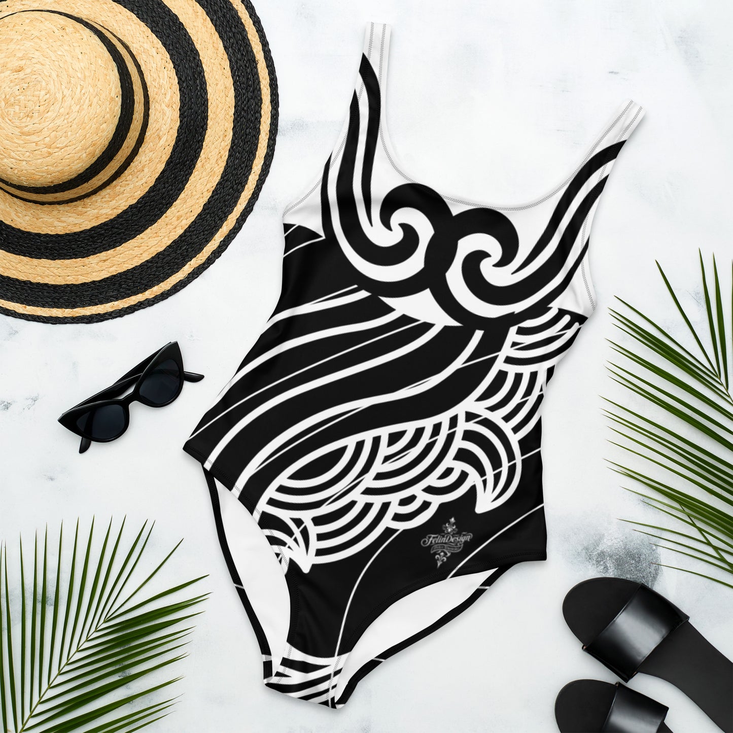 Luxury Women's Black and White One-Piece Swimsuit with Tribal Motifs – Bold Design by Felice Gianninio 2026 - FelinDesign