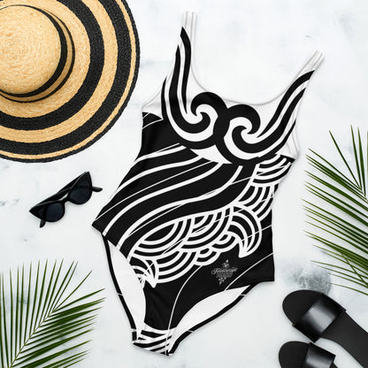 Luxury Women's Black and White One-Piece Swimsuit with Tribal Motifs – Bold Design by Felice Gianninio 2026 - FelinDesign