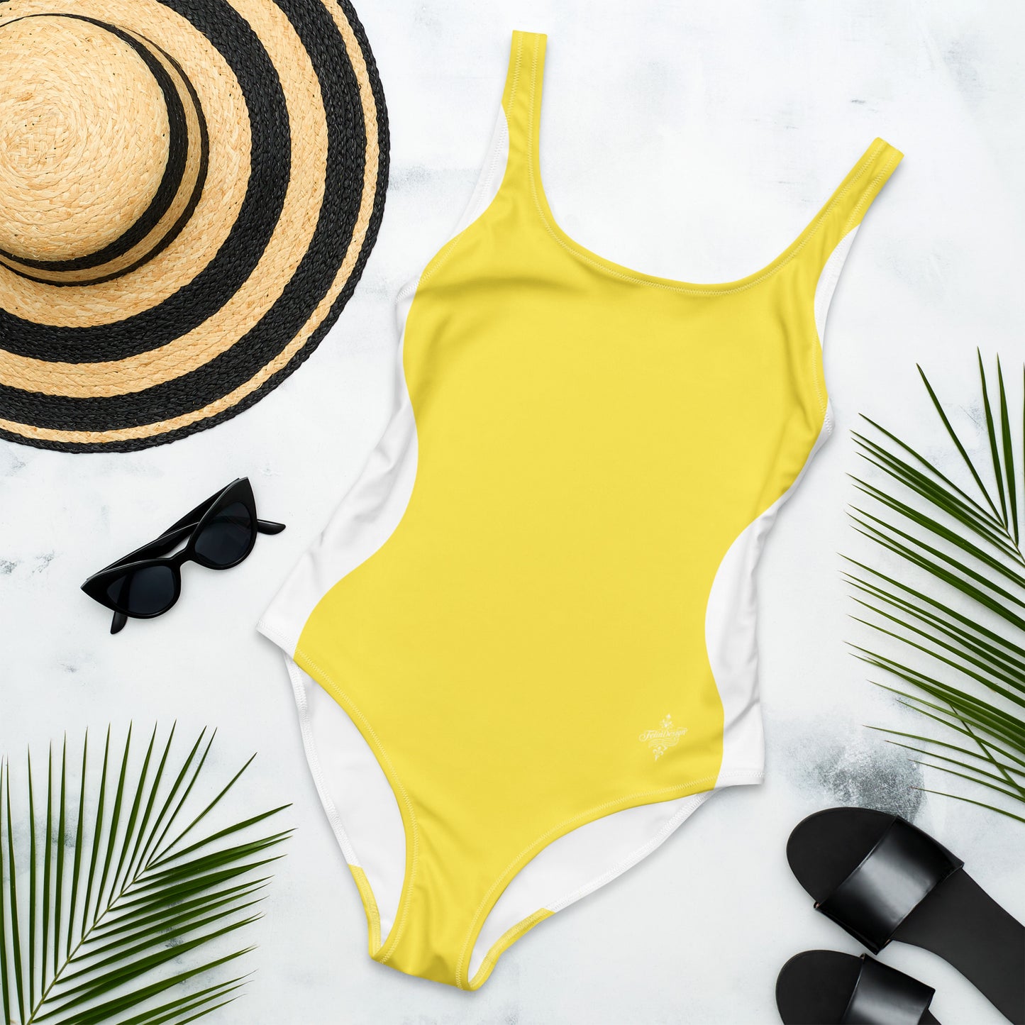 Sinuous Geometry One-Piece Swimsuit – Yellow & White Shaping Design - FelinDesign