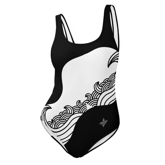 Luxury Black and White One-Piece Swimsuit with Japanese Style Wave Print - FelinDesign