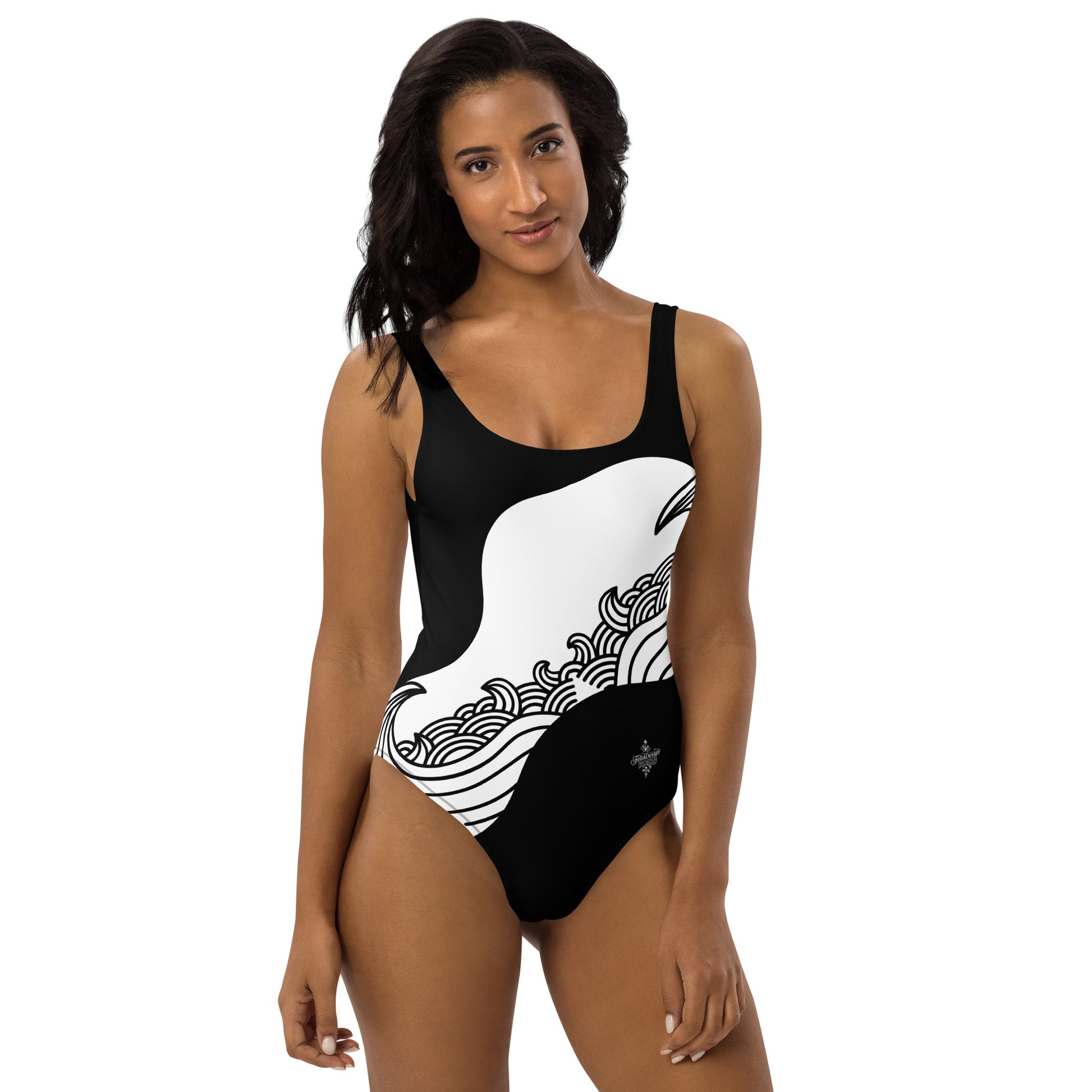 Luxury Black and White One-Piece Swimsuit with Japanese Style Wave Print - FelinDesign