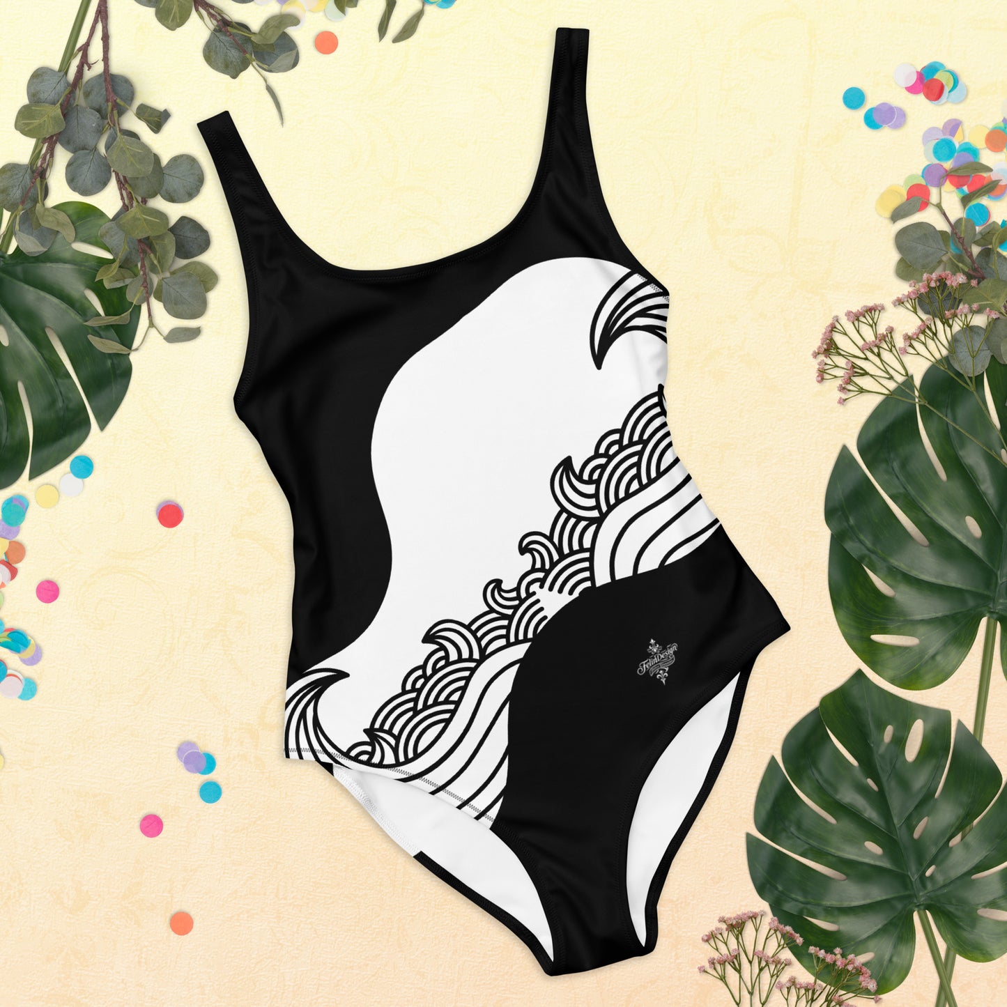 Luxury Black and White One-Piece Swimsuit with Japanese Style Wave Print - FelinDesign
