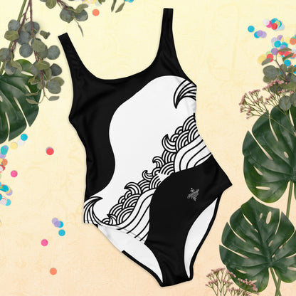 Luxury Black and White One-Piece Swimsuit with Japanese Style Wave Print - FelinDesign