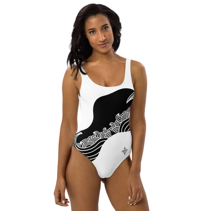 Luxury Black and White One-Piece Swimsuit with Japanese Style Wave Print - FelinDesign