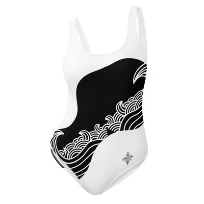Luxury Black and White One-Piece Swimsuit with Japanese Style Wave Print - FelinDesign