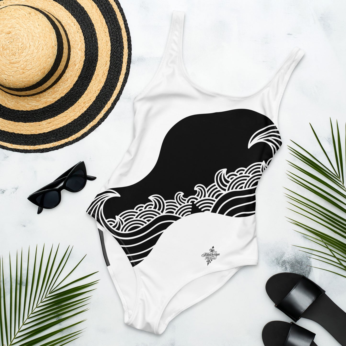 Luxury Black and White One-Piece Swimsuit with Japanese Style Wave Print - FelinDesign