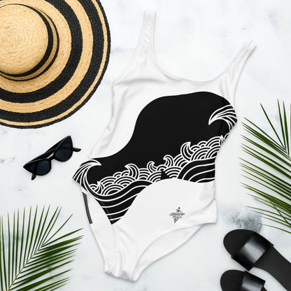 Luxury Black and White One-Piece Swimsuit with Japanese Style Wave Print - FelinDesign