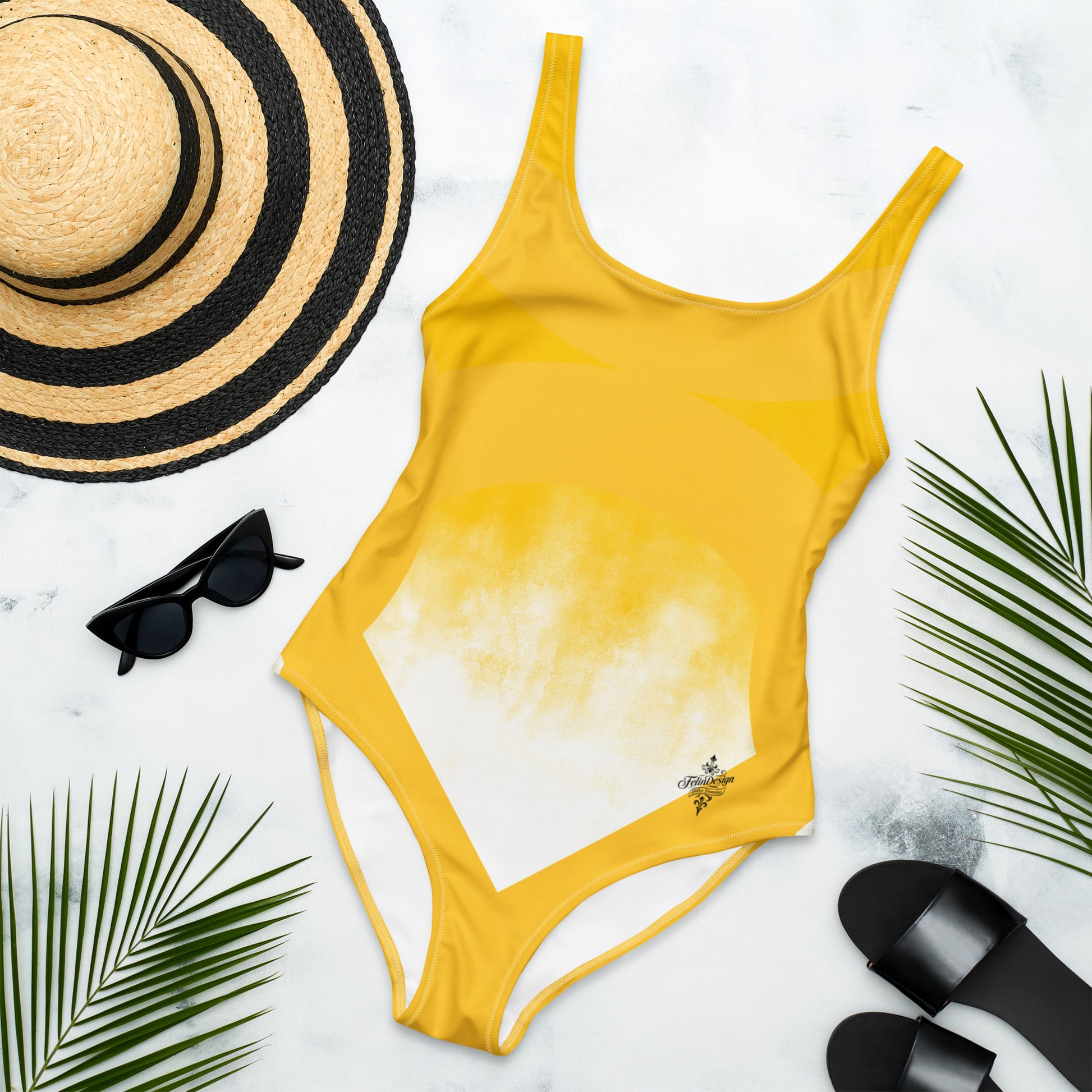 Women's One-Piece Swimsuit Yellow White FelinDesign - Elegant Eco-Sustainable Chlorine Resistant - FelinDesign